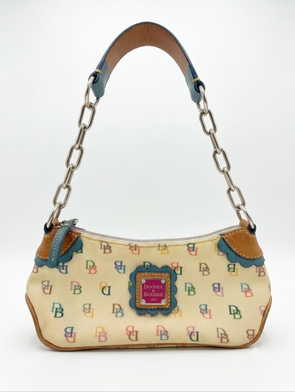 Dooney & Bourke Cream Multicolor Signature DB Logo Shoulder Bag with Tan Y2K. - Picture 2 of 16